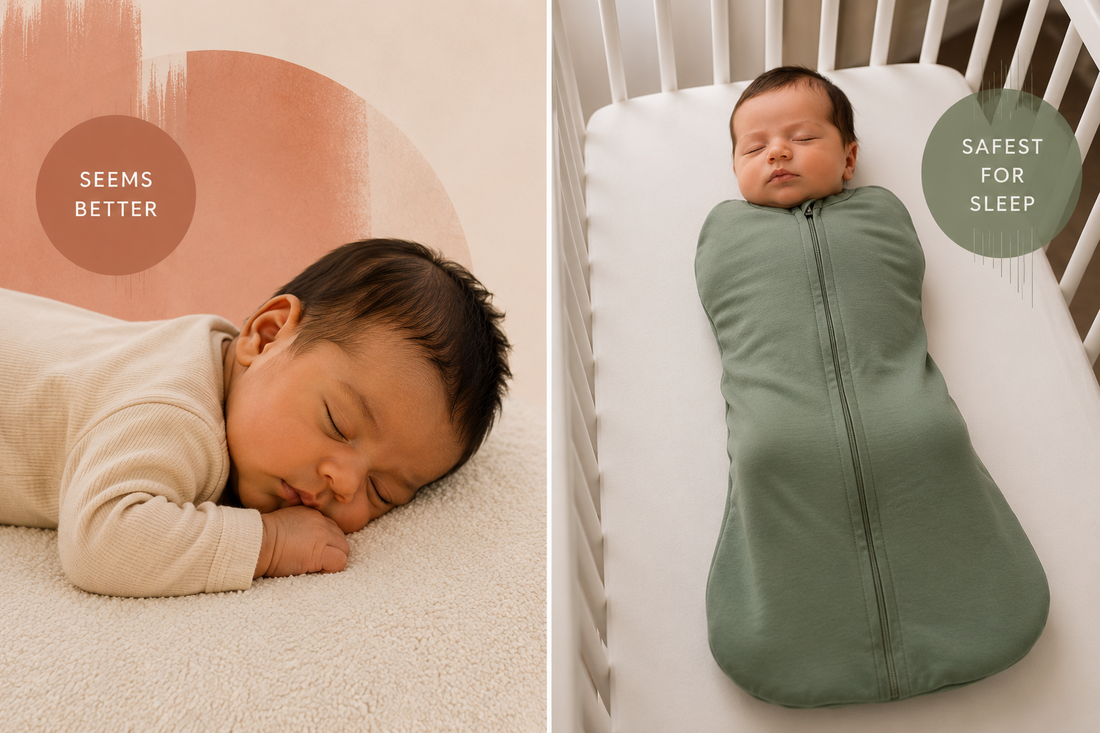 Side-by-side image comparing infant sleep positions. On the left, a sleeping baby rests on their stomach labeled “Seems Better.” On the right, a baby sleeps on their back in a sage green swaddle sleep sack in a clear crib labeled “Safest for Sleep.”