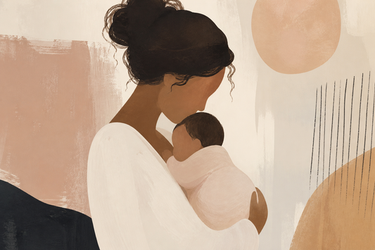 Abstract illustration of a mother holding her newborn, representing motherhood without maternal support