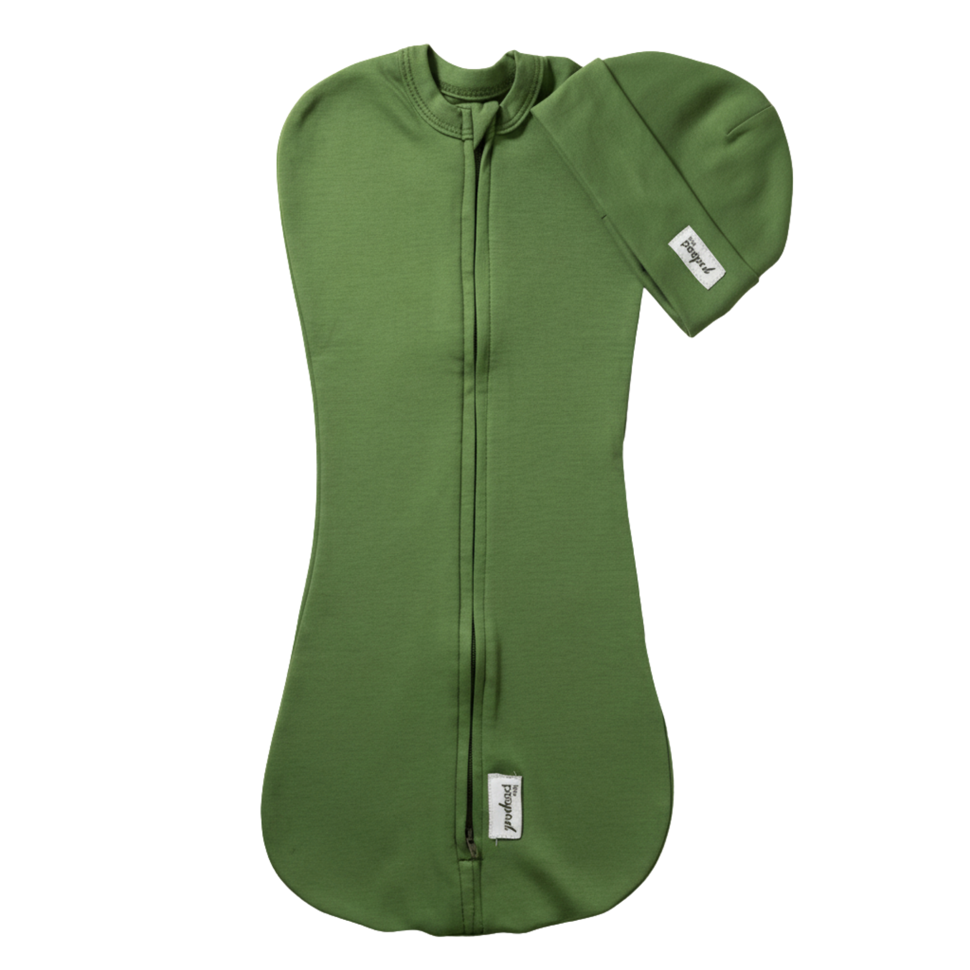 Green baby swaddle sleep sack with matching hat on a white background