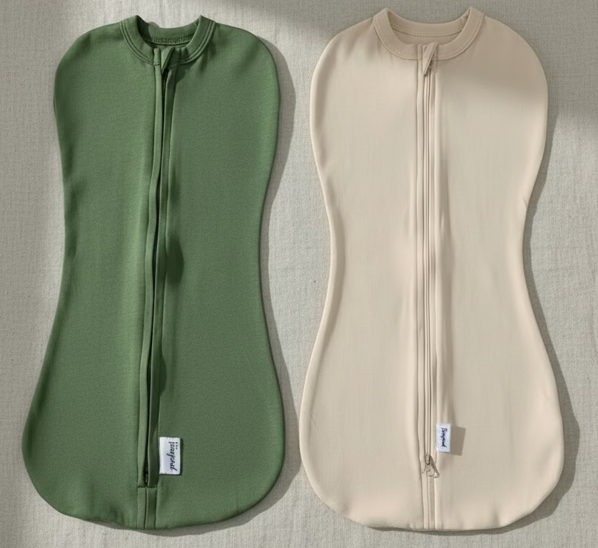 Two swaddle sleep sacks, one green and one beige, on a white background