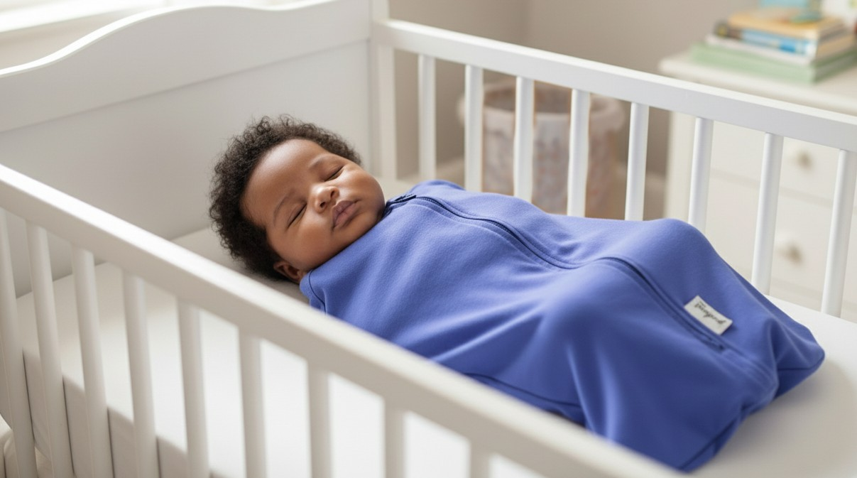 Baby wearing a blue sleep sack lying in a crib.