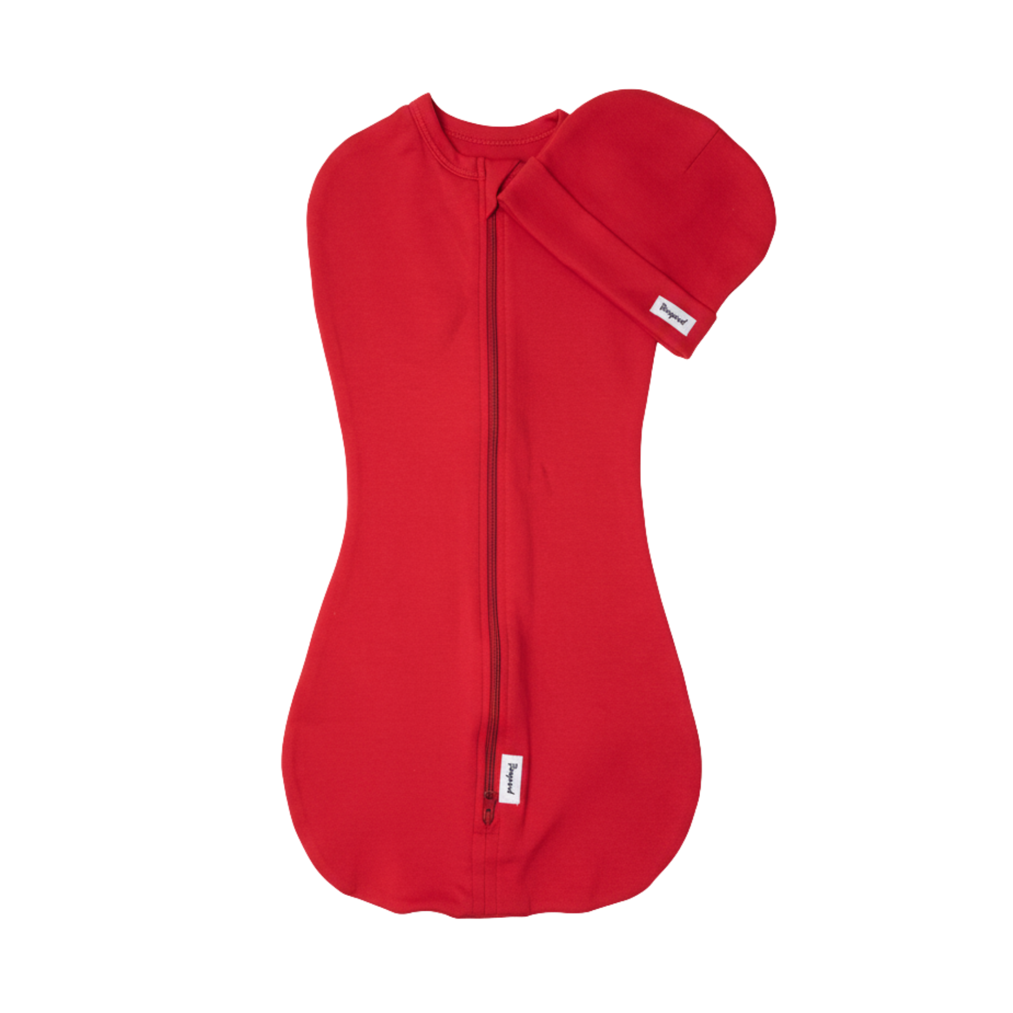 Red baby swaddle sleep sack and hat set on a white background