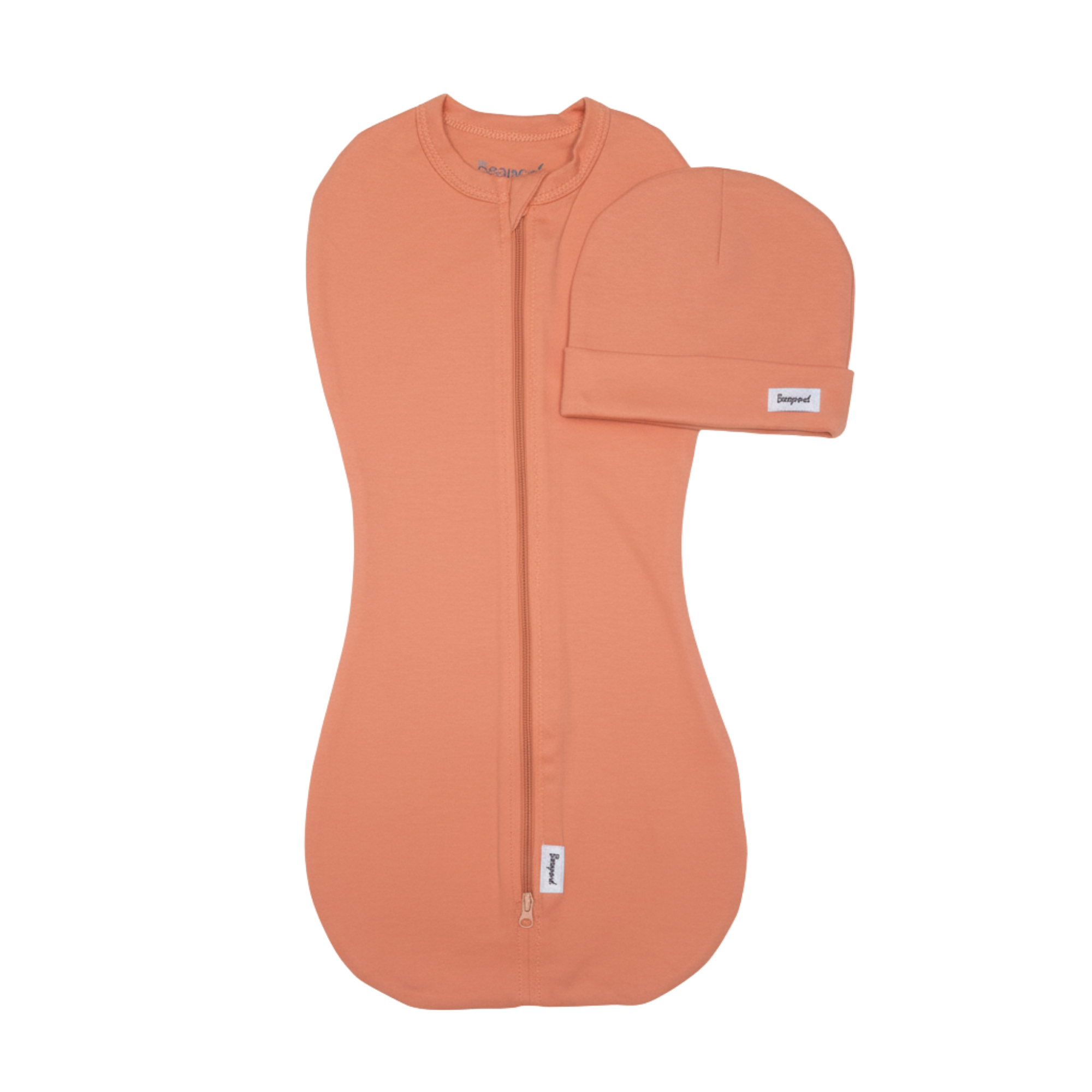 Orange baby swaddle sleep sack and hat set on a white background