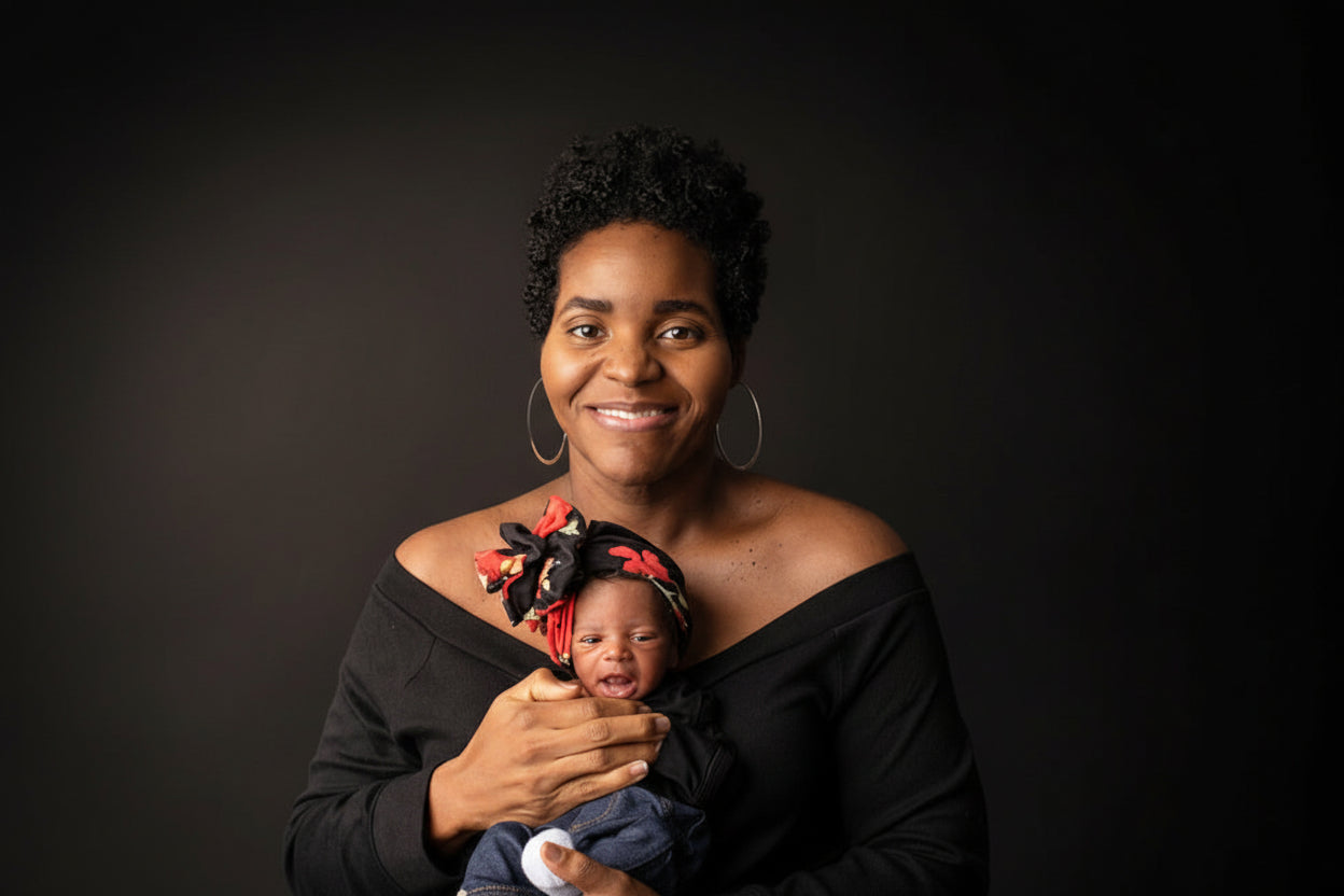 Woman holding a newborn baby against a dark background