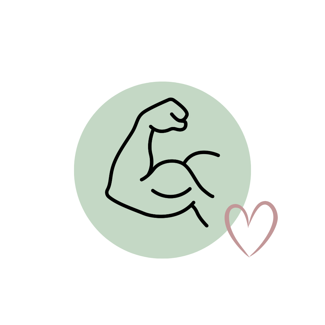 A minimalist line art icon of a flexed bicep arm inside a pale green circle, with a small pink outlined heart to the lower right, on a plain white background.