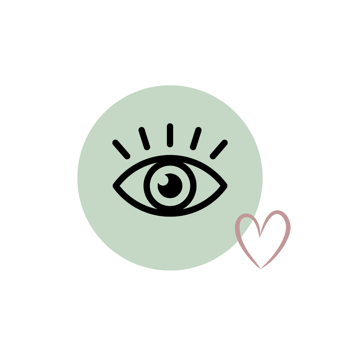A minimalist eye icon with eyelashes inside a pale green circle, with a small pink outlined heart in the lower right, on a white background.