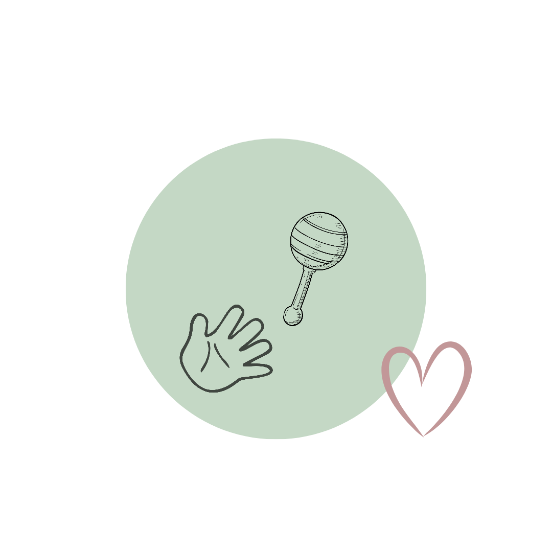 A minimalist line art icon featuring a baby rattle, a hand, and a heart outline inside a light sage green circle on a white background.