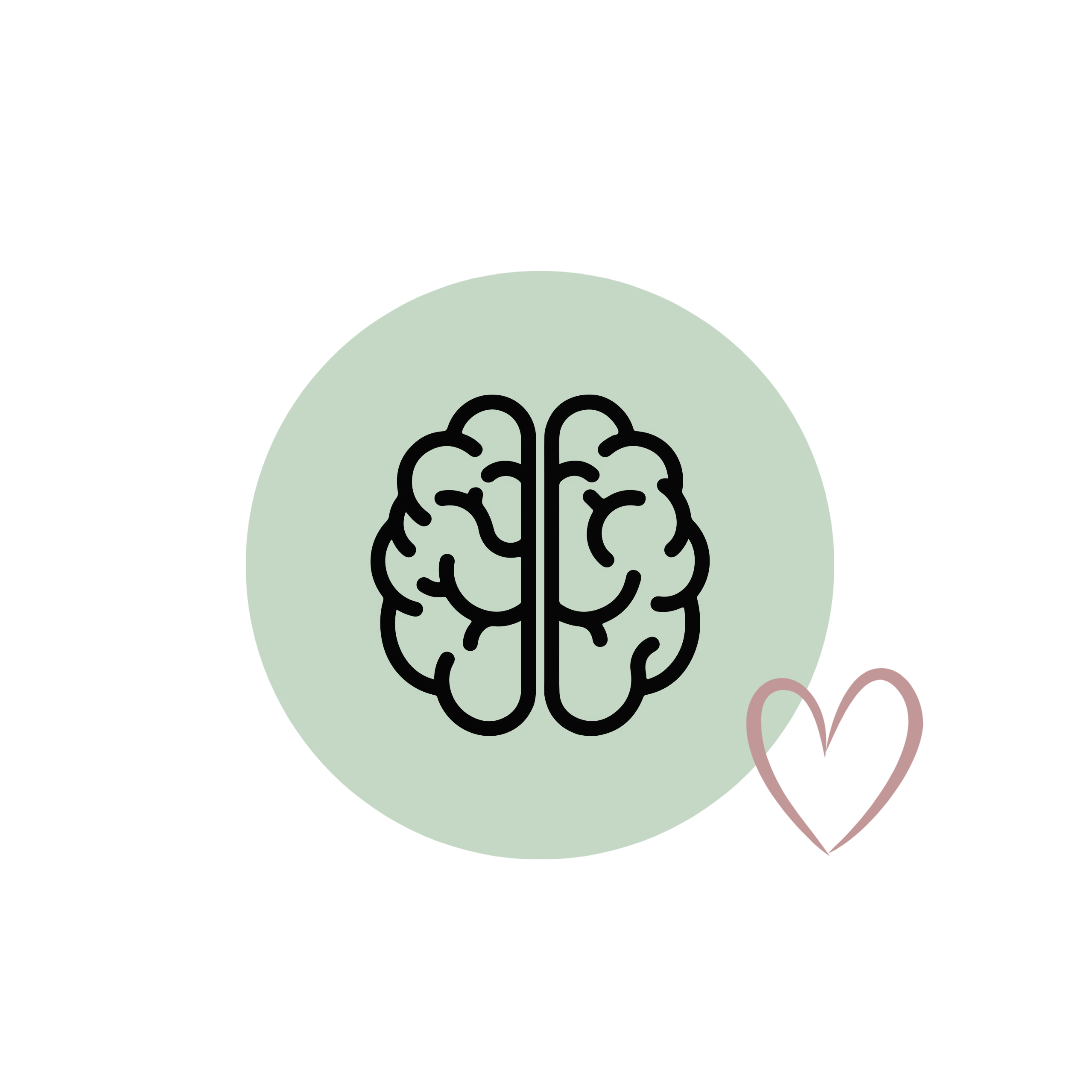 A minimalist graphic icon featuring a black brain outline centered inside a pale green circle, with a thin pink heart outline to the lower right, on a plain white background.