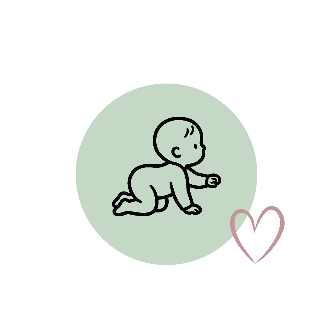 A minimalist line art icon of a baby crawling inside a pale green circle, with a thin pink heart outline to the lower right, on a white background.
