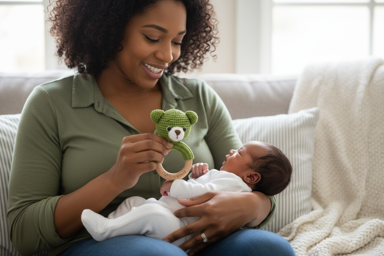 Mother holding a newborn while showing a green crochet bear rattle.
