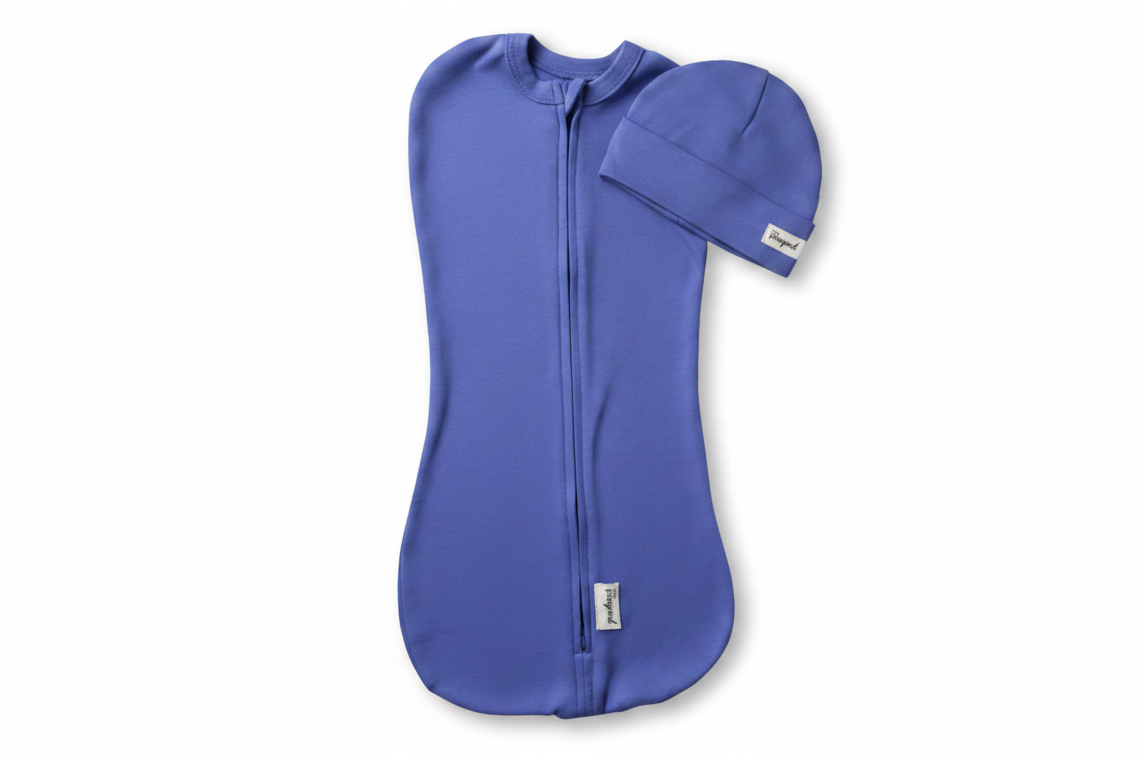 Blue baby swaddle and hat set on a white background