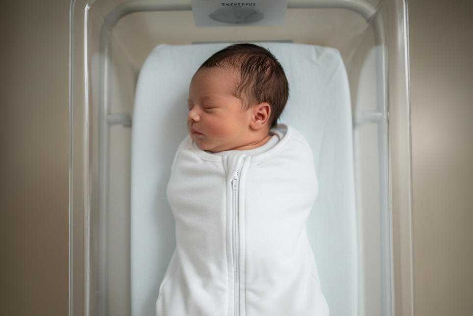 an arial view of a newborn in a white cotton zippered swaddled sleep sack in a hospital bassinet 