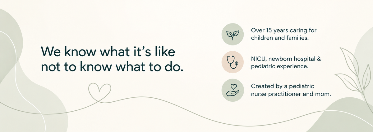 A digital banner with a warm cream background, featuring the text 'We know what it's like not to know what to do.' on the left, and three circular icons with text on the right highlighting experience, NICU expertise, and pediatric nurse background.