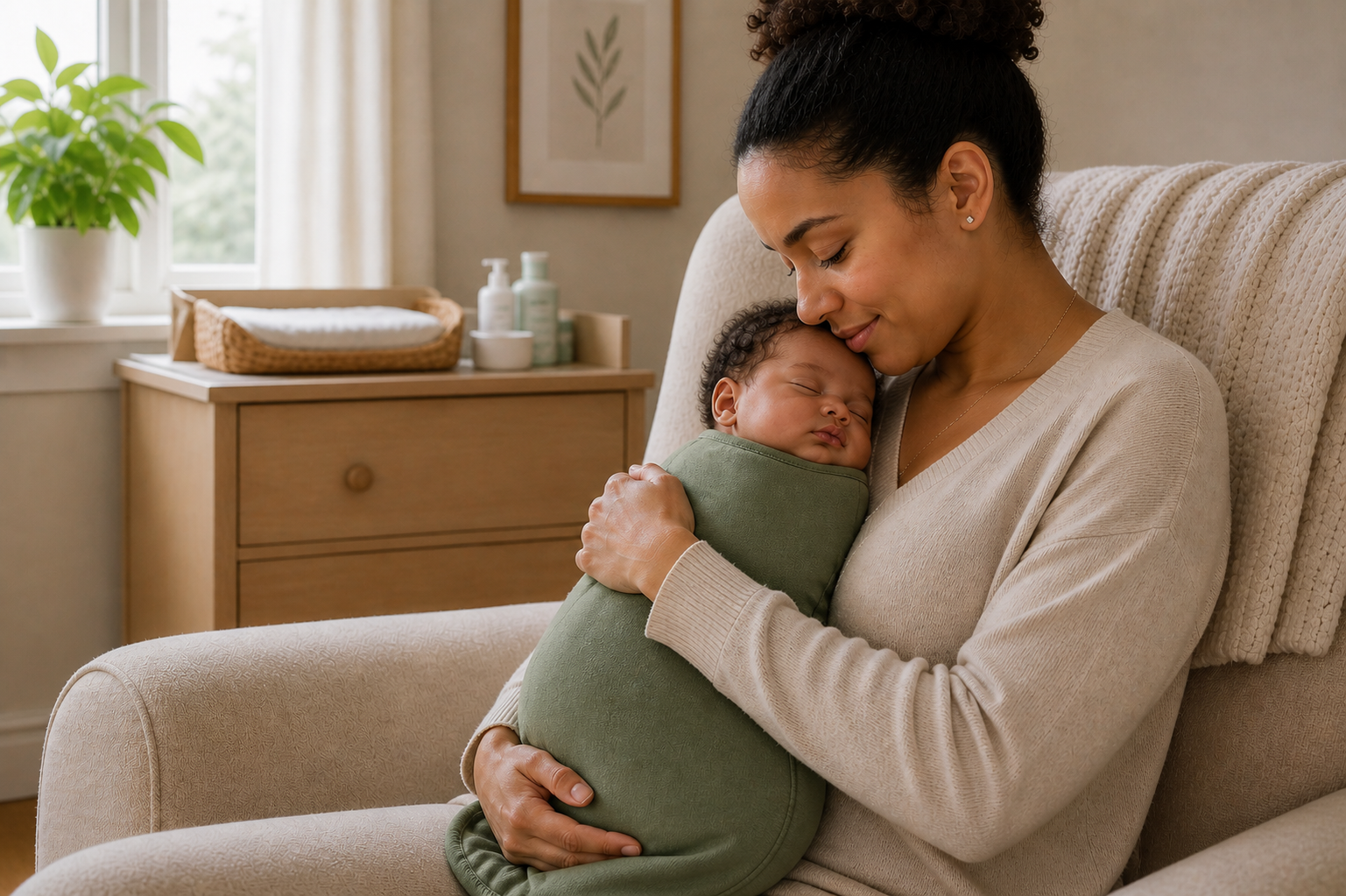 Mother holding newborn in a nursery at home.