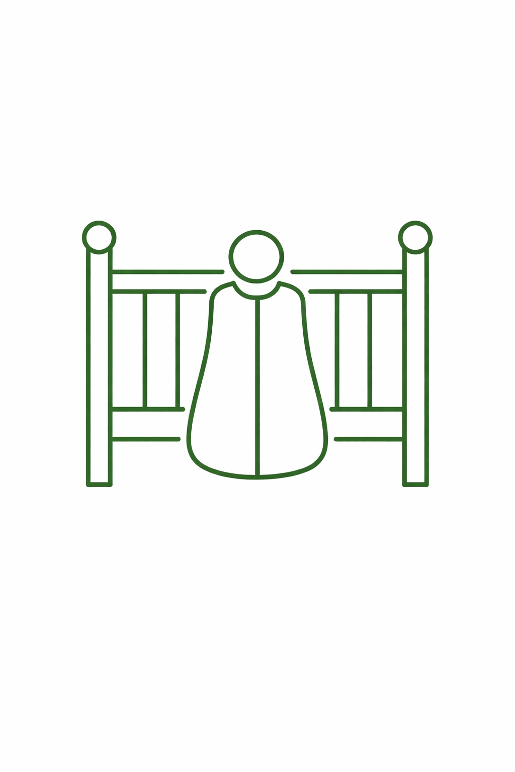 Green icon of baby in swaddle sleep sack and crib. 