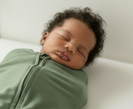 Newborn sleeping peacefully in a green swaddle sleep sack on a white surface