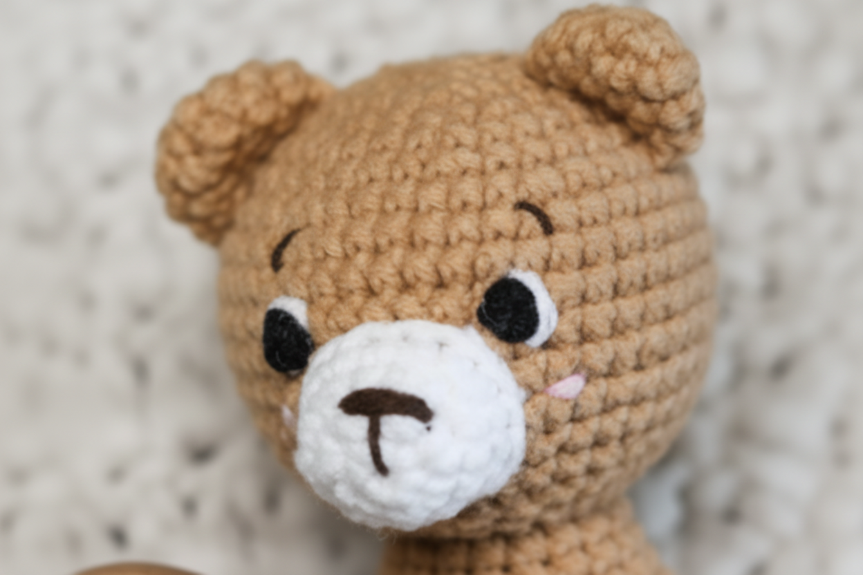 Close-up of a brown crochet teddy bear with a white muzzle against a neutral background