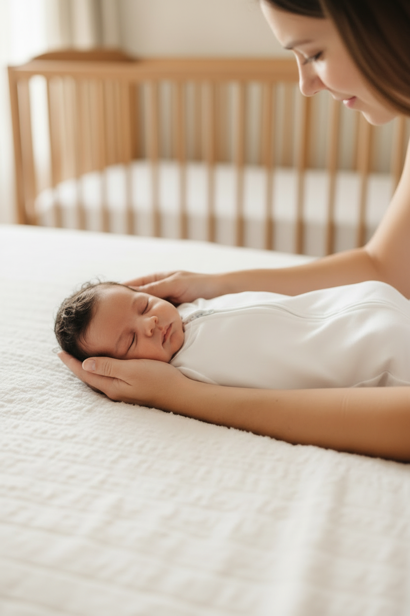 Woman holding a newborn baby in a white swaddle sleep sack on a white sheet with a crib in the background.  