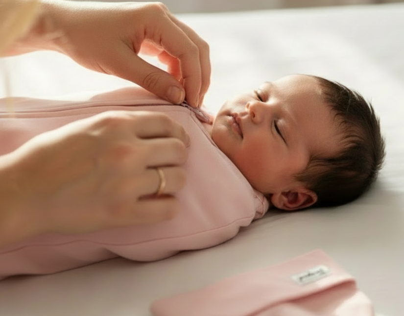 Caregiver zipping a pink sleep sack on a baby.