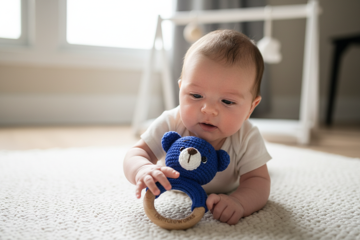 Baby holding a blue teddy bear rattle on a carpeted floor.