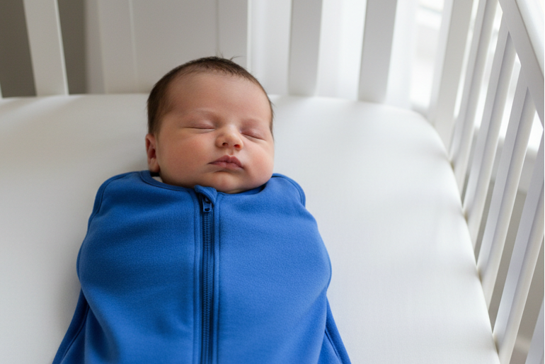 Baby wearing a blue sleep sack lying in a crib.